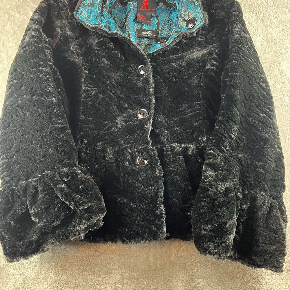 Adrienne Landau Black Faux Fur Teddy Jacket Reversible Size L
